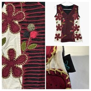 Leopards & Roses 100% Cotton Embroidered Boho Folk Tank | Floral Patchwork | M